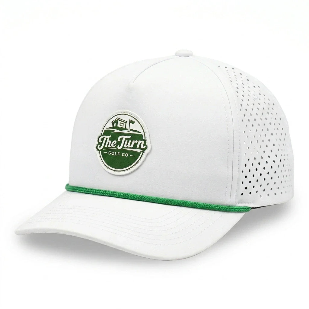 Harris&Co The Turn White Performance Golf Snapback Hat – Breathable, Laser Perforated